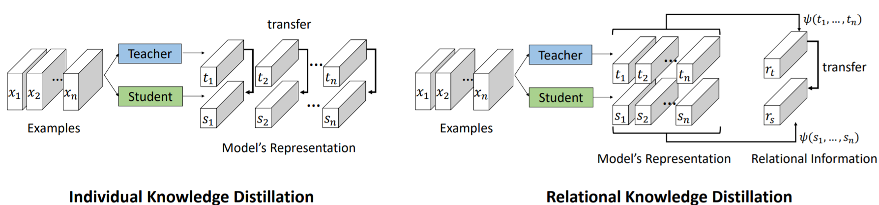 original source~\citet{park2019relational}Contrastive Distillation: Individual knowledge distillation (IKD) vs. relational knowledge distillation (RKD)